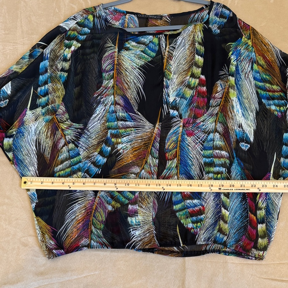 Coco Bianco Black Sheer Multicolor Feather Print Blouse/Top  Size L-XL - Picture 6 of 8